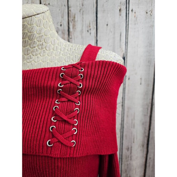 ALK Women's M Tribekka 4 Ribbed Off Shoulder Lace Up Detail Pullover Sweater NEW - Picture 3 of 11